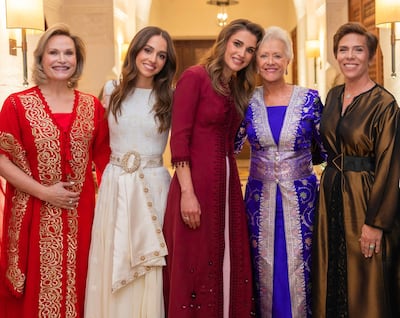 Jordan's Queen Rania with, from left, Princess Aisha bint Hussein, Princess Iman, Princess Muna Al Hussein and Princess Zein bint Hussein at a henna ceremony before the wedding. AFP