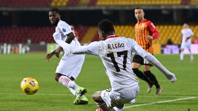 AC Milan forward Rafael Leao scores his team's second goal in their Serie win at Benevento. AFP