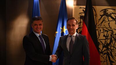 Ukrainian Foreign Minister Vadym Prystaiko (left) and German Foreign Minister Heiko Maas (right) meet for a bilateral at the 56th Munich Security Conference (MSC) in Munich, Germany. EPA