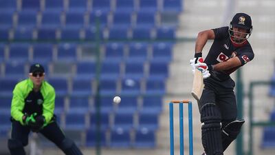 UAE's Rohan Mustafa plays a shot in the secon Twenty20 International match at Zayed Cricket Stadium in Abu Dhabi on February 16, 2016. Ravindranath K / The National