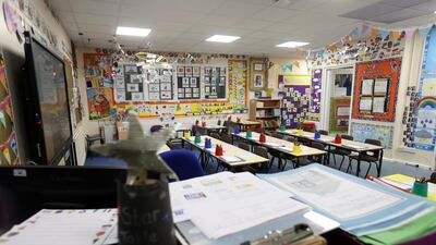 An empty classroom is seen at Westlands Primary School in Newcastle-under-Lyme. Reuters