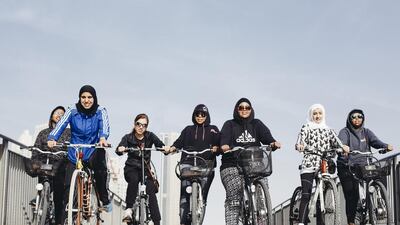 Magnificent seven: Aisha Mohamed, Asma Aljarahi, Mya Balaa, Huda Ahmed, Zainab Mohamed, Roudha Al Awadhi and Asma Mohd of UAE Cycling. Rebecca Rees for The National