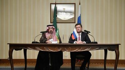 Saudi Arabian Energy Minister Khalid Al Falih and Russian Energy Minister Alexander Novak give a news conference. AFP