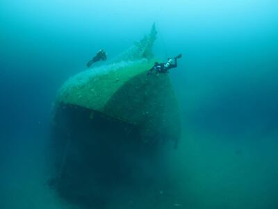 Simon Nadim, on right, at the wreck of the Ines. The Ines was a tanker that sank off Fujairah in 1999. Courtesy Simon Nadim