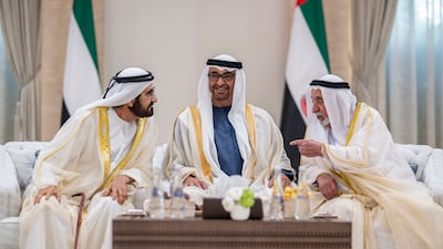 Sheikh Mohamed and Sheikh Mohammed bin Rashid, Vice President and Ruler of Dubai, with Sheikh Dr Sultan at the reception. Abdulla Al Neyadi / UAE Presidential Court