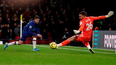 Watford's English goalkeeper Ben Foster (R) saves off Chelsea's US midfielder Christian Pulisic during the English Premier League football match between Watford and Chelsea at Vicarage Road Stadium in Watford, north of London on November 2, 2019. RESTRICTED TO EDITORIAL USE. No use with unauthorized audio, video, data, fixture lists, club/league logos or 'live' services. Online in-match use limited to 120 images. An additional 40 images may be used in extra time. No video emulation. Social media in-match use limited to 120 images. An additional 40 images may be used in extra time. No use in betting publications, games or single club/league/player publications. / AFP / Adrian DENNIS / RESTRICTED TO EDITORIAL USE. No use with unauthorized audio, video, data, fixture lists, club/league logos or 'live' services. Online in-match use limited to 120 images. An additional 40 images may be used in extra time. No video emulation. Social media in-match use limited to 120 images. An additional 40 images may be used in extra time. No use in betting publications, games or single club/league/player publications.