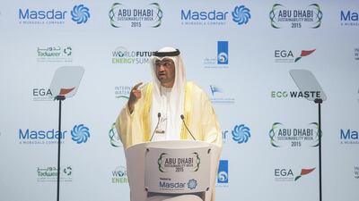 Sultan Al Jaber, the chairman of Masdar, delivers a speech during the opening ceremonies of the World Future Energy Summit, the centrepiece event of Abu Dhabi Sustainability Week. Mona Al Marzooqi / The National