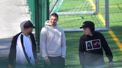Sweden's globe-trotting football star Zlatan Ibrahimovic, centre, at a training session of Swedish football club Hammarby - a team he part owns. AFP