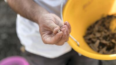 Archaeologist Silvio Reichmuth holds a bead found at an ancient burial site that has been uncovered in Dibba, Fujairah and is being excavated by a team of German archaeologists and a team from Fujairah Tourism and Antiquities Authority. Reem Mohammed / The National