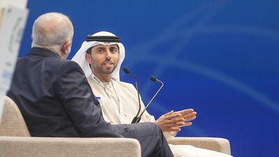 Energy Minister Suhail Al Mazrouei discusses a point during the opening of the World Future Energy Summit. Mona Al Marzooqi / The National