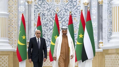 Sheikh Mohamed bin Zayed greets Mohamed Ghazouani, President of Mauritania, during an official reception at Qasr Al Watan. Mohamed Al Hammadi / Ministry of Presidential Affairs