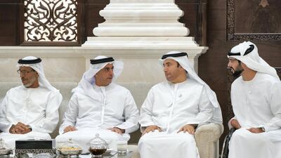 From left: Lt Gen Hamad Thani Al Romaithi, Chief of Staff UAE Armed Forces; Lt Gen Sheikh Saif bin Zayed, UAE Deputy Prime Minister and Minister of Interior; and Sheikh Zayed bin Hamdan bin Zayed attend an iftar reception at Al Bateen Palace.