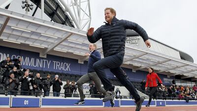 Prince William, Catherine, Duchess of Cambridge and Prince Harry race during the Team Heads Together at a London Marathon Training Day in February 2017. Getty Images