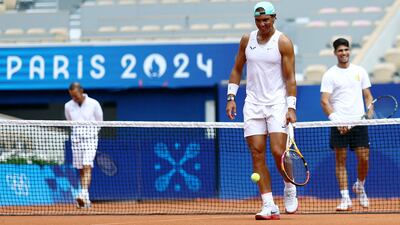 Rafael Nadal and Carlos Alcaraz of Spain during training for the Paris 2024 Olympics at Roland Garros Stadium on Wednesday, July 24, 2024. Reuters