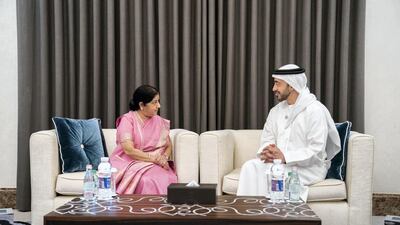 Sheikh Abdullah bin Zayed, Minister of Foreign Affairs and International Co-operation meets with Sushma Swaraj, Minister of External Affairs of India. Courtesy MOFAIC