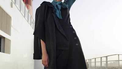 Castaway: Body suit, Dh1,784; earrings, Dh1,784, both from Elisabetta Franchi. Jumpsuit; jacket, prices on request, both from Chanel. Shoes, Dh2,700, Salvatore Ferragamo.