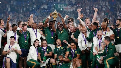 Rugby Union - Rugby World Cup - Final - England v South Africa - International Stadium Yokohama, Yokohama, Japan - South Africa players celebrate with the Webb Ellis trophy after winning the World Cup Final REUTERS