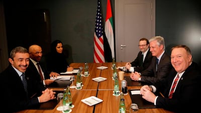 US Secretary of State Mike Pompeo meets UAE Minister of Foreign Affairs and International Co-operation Sheikh Abdullah bin Zayed for bilateral talks prior to a peace summit on Libya in Berlin. AFP