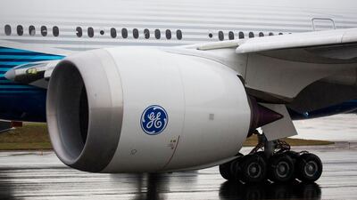 A General Electric GE9X engine is pictured on the Boeing 777X airplane as it taxis for the first flight, which had to be rescheduled. AFP