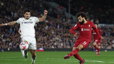 Liverpool's Mohamed Salah scores his record-breaking goal against Leeds United at Elland Road on April 17, 2023. Reuters