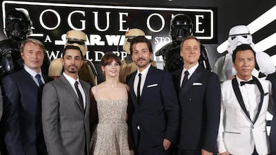 From left, Mads Mikkelsen, Riz Ahmed, Felicity Jones, Diego Luna, Alan Tudyk and Donnie Yen at the world premiere of Rogue One: A Star Wars Story in Hollywood last week. Mario Anzuoni / Reuters