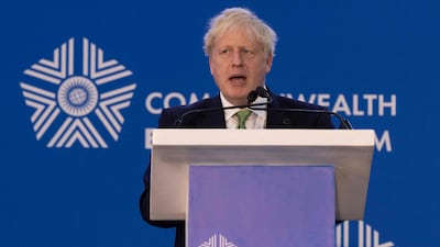 British Prime Minister Boris Johnson delivers a speech at a business forum in Kigali on Thursday as part of the Commonwealth Heads of Government Meeting. AFP