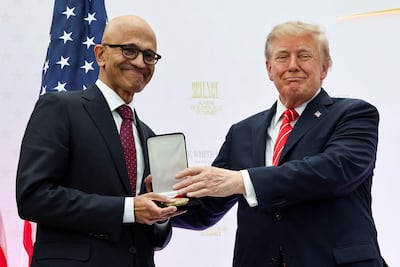 Microsoft chief executive Satya Nadella receives the National Medal of Technology and Innovation from US President Donald Trump. Getty Images