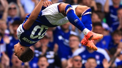 IPSWICH, ENGLAND - MAY 04: Omari Hutchinson of Ipswich Town celebrates scoring their second goal during the Sky Bet Championship match between Ipswich Town and Huddersfield Town at Portman Road on May 04, 2024 in Ipswich, England. (Photo by Stephen Pond / Getty Images)
