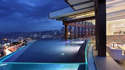 The heated, chlorine-free infinity pool on the Le Gray's roof offers a view of Mount Lebanon.