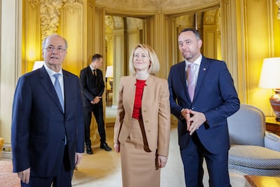 From left, Palestinian Prime Minister Mohammad Mustafa, EU foreign affairs chief Kaja Kallas and Belgian Foreign Minister Maxime Prevot. EPA