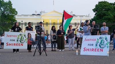 Laila Al Arian speaks outside the White House at a candlelight vigil for Palestinian journalist Shireen Abu Akleh. Willy Lowry / The National
