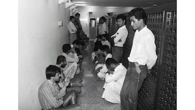 Iranians gather at Dubai airport on July 3, 1988 awaiting news of relatives aboard an Iranian airliner shot down by a U.S. missile over the Arabian Gulf. Reuters
