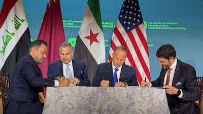 Youssef Qablawi, left, of the Syrian Petroleum Company, signs deal in Washington with Bassem Nasr, head of IRaq's Basra Oil Company, to revive Kirkuk-Baniyas oil pipeline. Photo: SANA