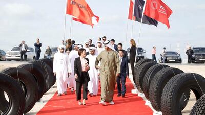 Dr Sultan Al Jaber, the UAE Minister of State and chairman of Abu Dhabi Ports, and Roadbot Chairwoman Zhang Yingzi attended the the groundbreaking of the Roadbot Tire Project KIZAD. Courtesy Abu Dhabi Ports