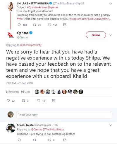 Qantas Tweeted a reply to Shila Shetty's complaint.