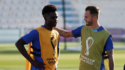 England's Bukayo Saka and James Maddison during training. Reuters