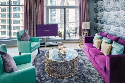 This Dubai Marina two-bed apartment is decorated with plush furniture and offers stunning views. Courtesy: Airbnb