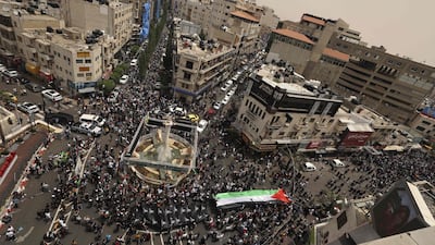 Palestinians marching in the occupied West Bank town of Ramallah in a Nakba Day rally to mark the biggest tragedy in Palestine’s history. AFP