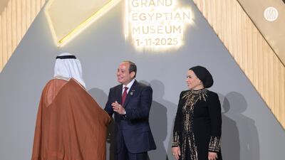 Sheikh Khaled bin Mohamed, Crown Prince of Abu Dhabi, in Giza with hosts President Abdel Fattah El Sisi and first lady Entissar El Sisi for the official opening ceremony of the Grand Egyptian Museum. Photo: Abu Dhabi Media office