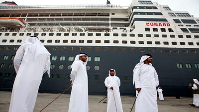 Queen Mary 2 ocean liner docks for the first time at Mina Zayed in Abu Dhabi.