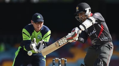The UAE’s Shaiman Anwar, right, and Ireland wicketkeeper Gary Wilson were involved in one of the best games of the cricket World Cup early on in the tournament. Indranil Mukherjee / AFP