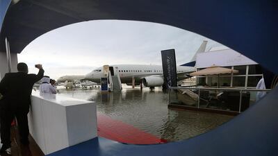 The Abu Dhabi Air Expo was interrupted due to the rain at Al Bateen Airport in Abu Dhabi both yesterday and today. Satish Kumar / The National