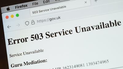 A screen displays the holding page of the UK government website portal during the service disruption. A wide range of major websites were taken offline due to an issue with the Fastly cloud hosting service. Getty