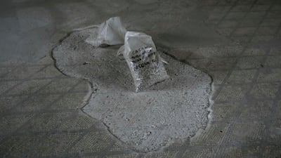 A plastic bag contains tiles from a floor mosaic inside the House of the Library.