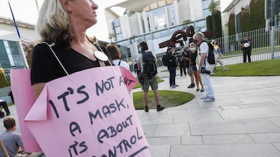 A demonstrator wears a sign reading 'it's not about mask, it's about control' in front of the chancellery after a rally against coronavirus pandemic regulations in Berlin, Germany. EPA