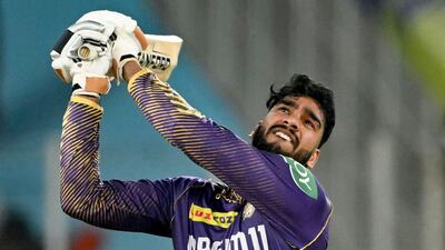 Kolkata Knight Riders' Venkatesh Iyer hits out on his way to compiling 51 off 28 deliveries. AFP