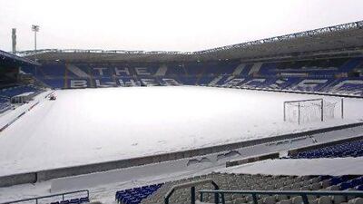 A general view of the snow-covered pitch at St Andrews in Birmingham, England.