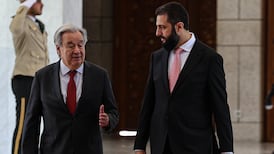 Syrian President Ahmad Al Shara receives UN Secretary General Antonio Guterres at the presidential palace in Damascus. EPA
