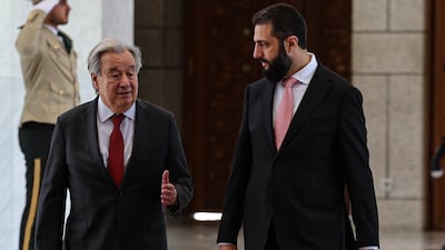 Syrian President Ahmad Al Shara receives UN Secretary General Antonio Guterres at the presidential palace in Damascus. EPA