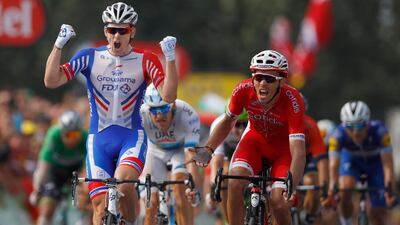 Arnaud Demare celebrates after winning Stage 18 of the Tour de France. EPA